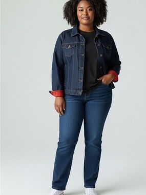 Chico's Dark Blue Denim Jacket with Pops of Red, Gorgeous Embellishments